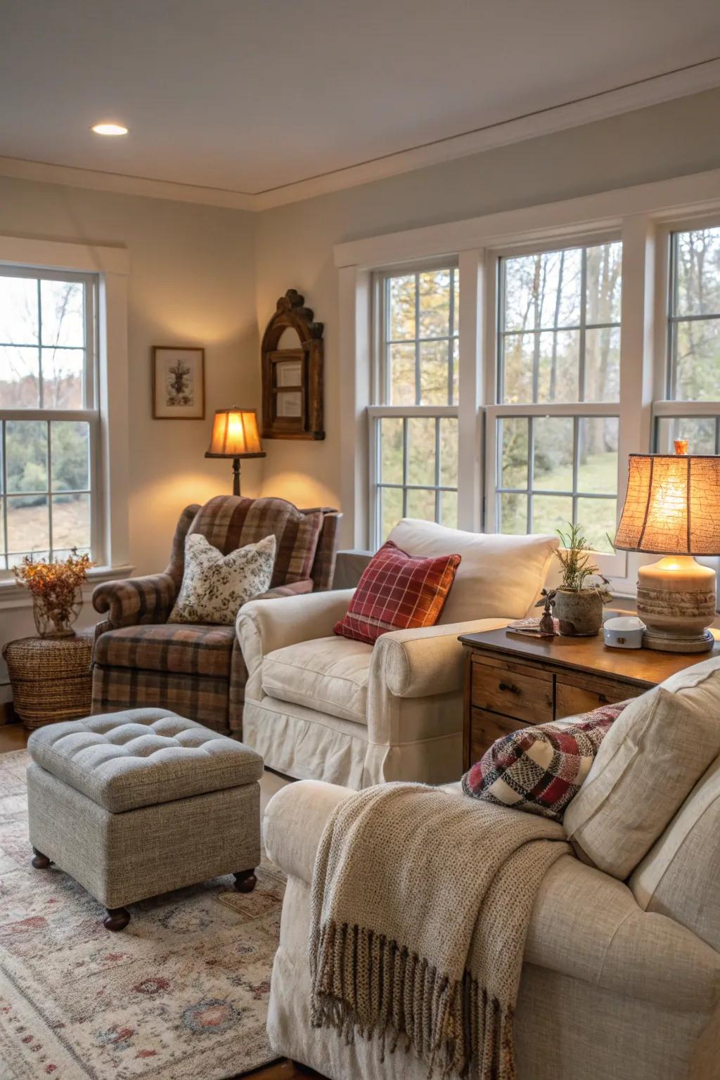 Relaxing seating invites relaxation in this country house family room.