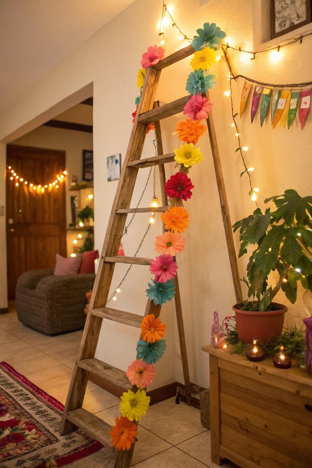 A ladder beautifully decorated with garlands
