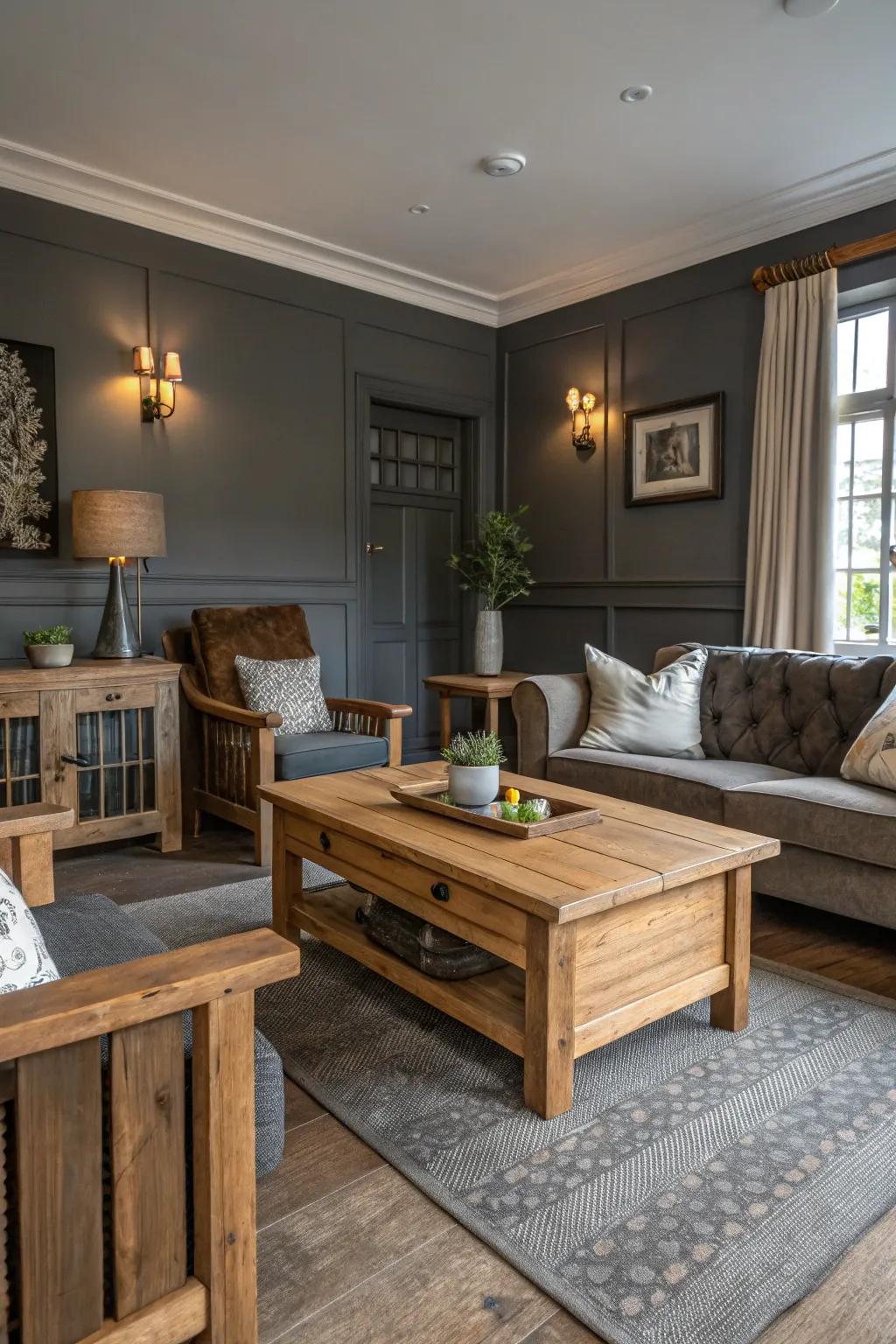 Coal gray walls establish a dramatic yet cozy ambiance.