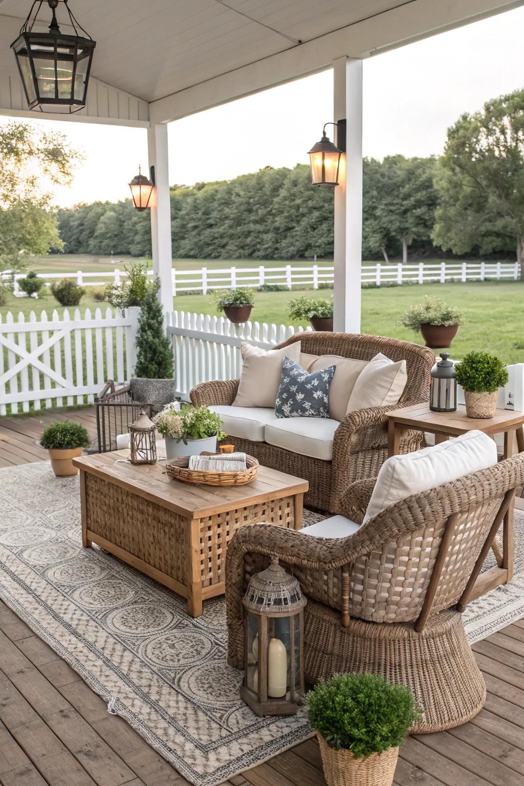 Wicker furniture adds texture to the farmhouse patio decor.