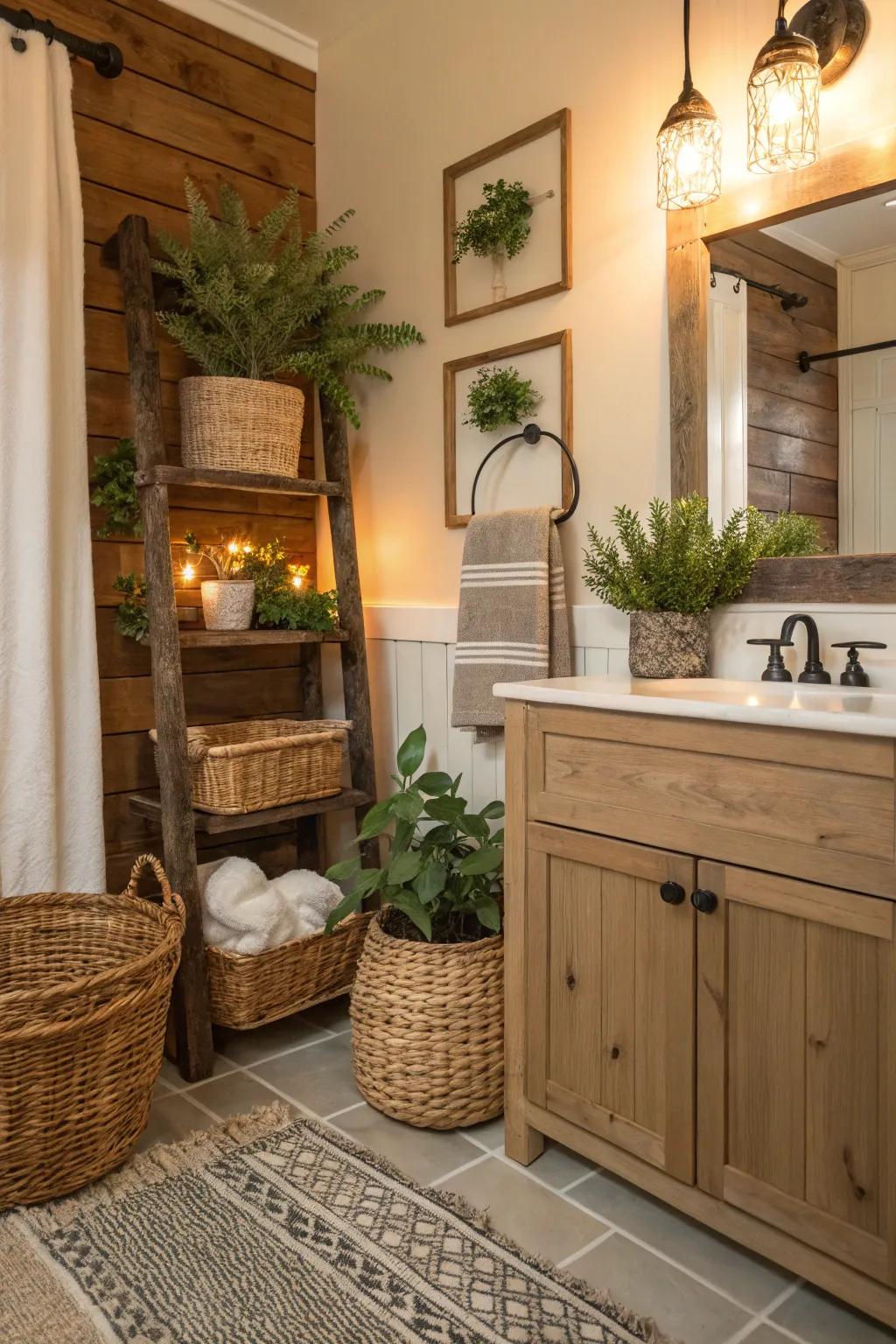 Farmhouse ornaments introduce warmth and character to this bathroom.