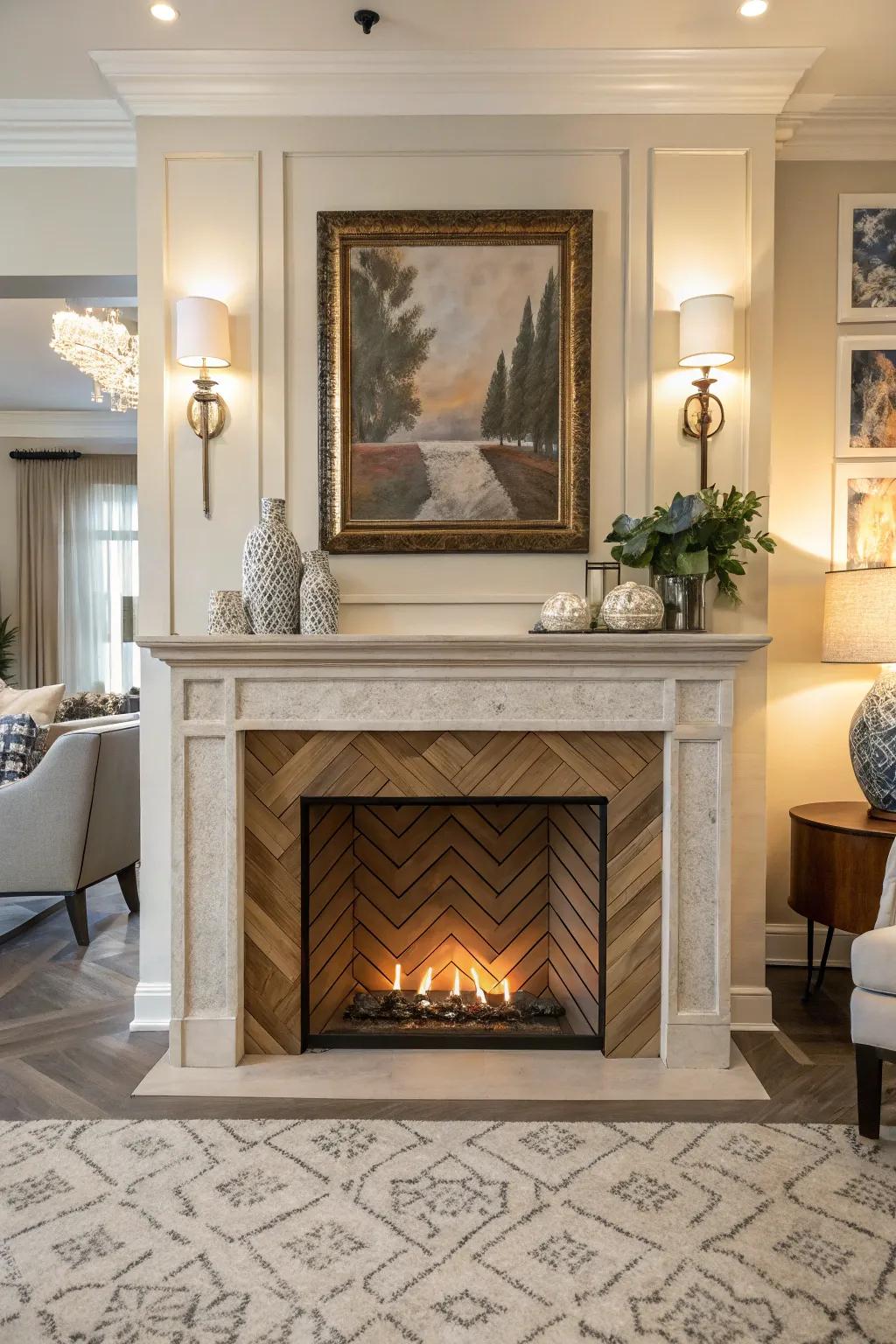 An imitation fireplace showcasing a striking herringbone internal pattern.