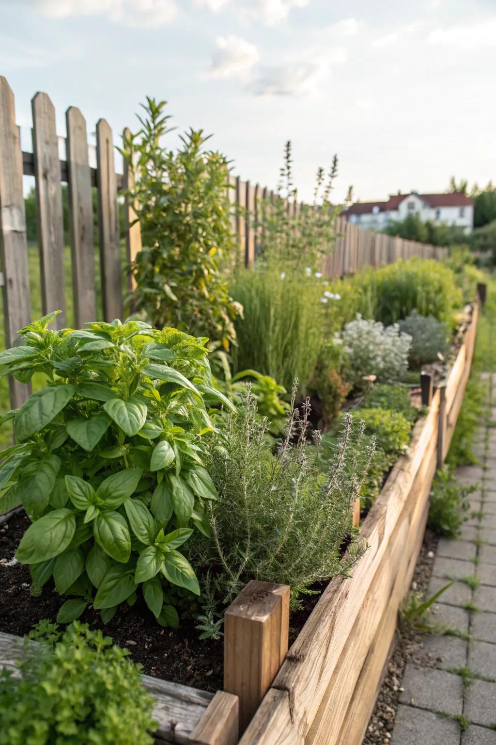 A fencing herb landscape is both attractive and useful.