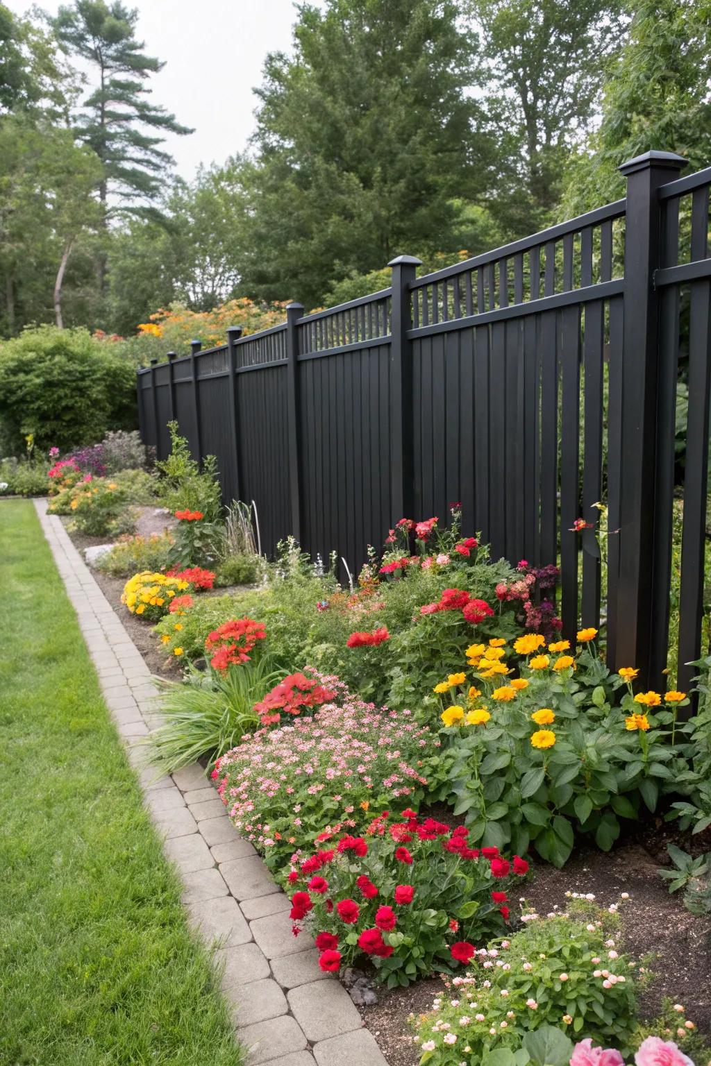 A black fence sets up a striking contrast with lively garden colors.
