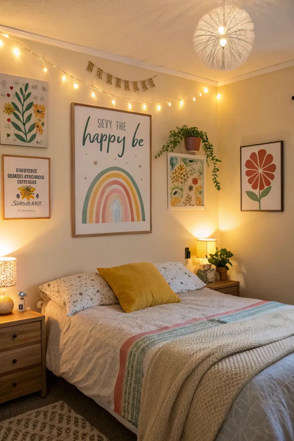 Inspiring art enhances the room's positive vibe.