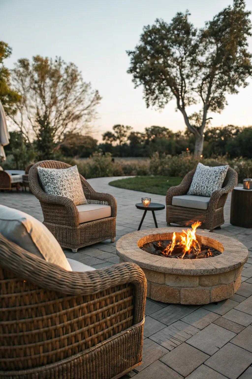 Weave chairs add natural charm and warmth to your fire pit area.