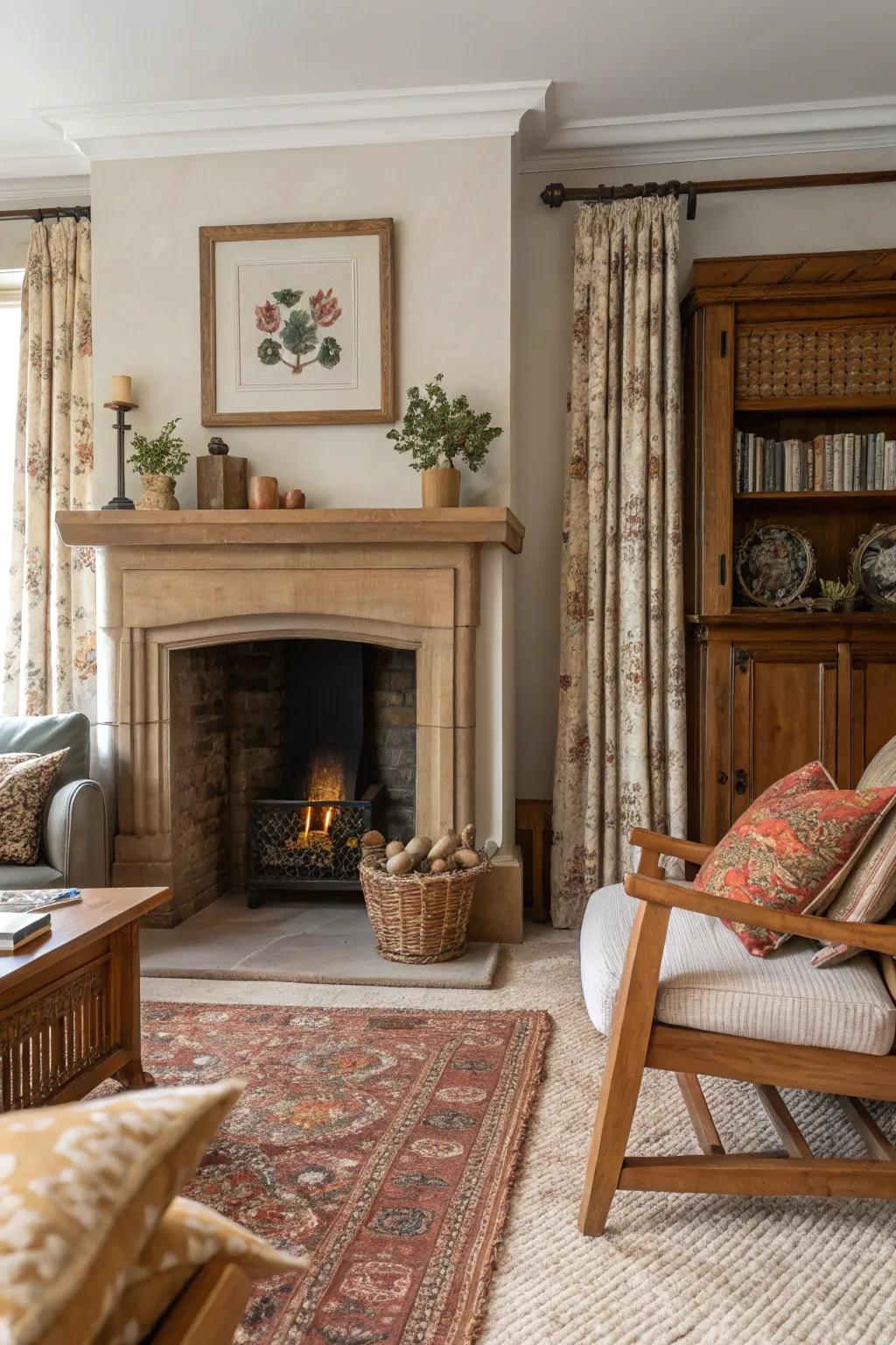 A living room showcasing a textural mix of wood and fabric around the fireplace alcove.