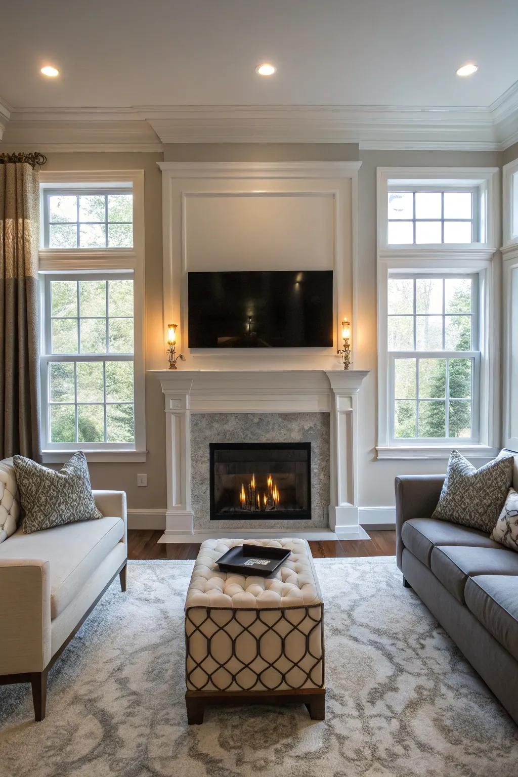 Blending entertainment and coziness with a TV mounted above the fireplace.