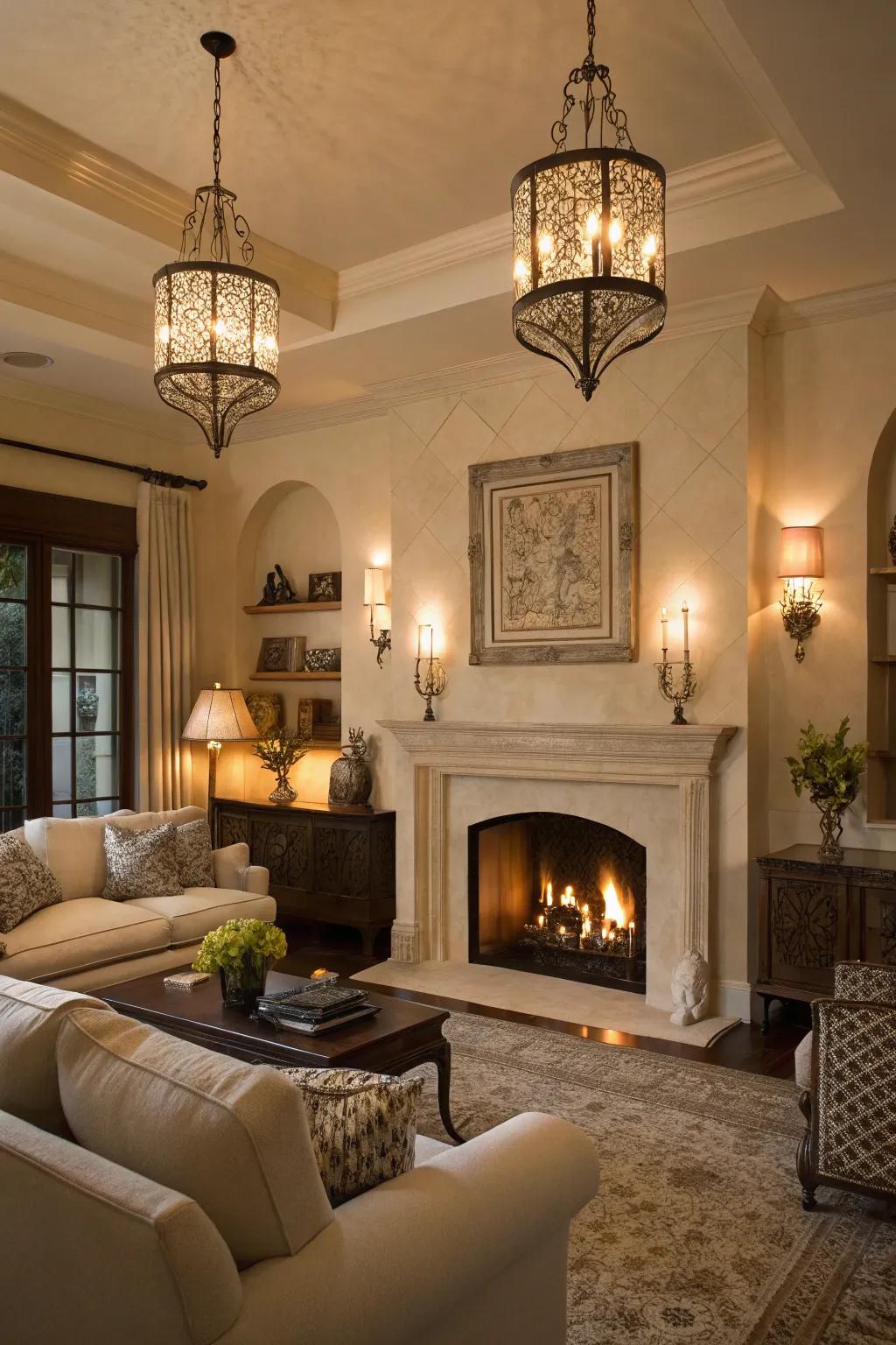 Lighting pieces introduce warmth and focus to the fireplace area.
