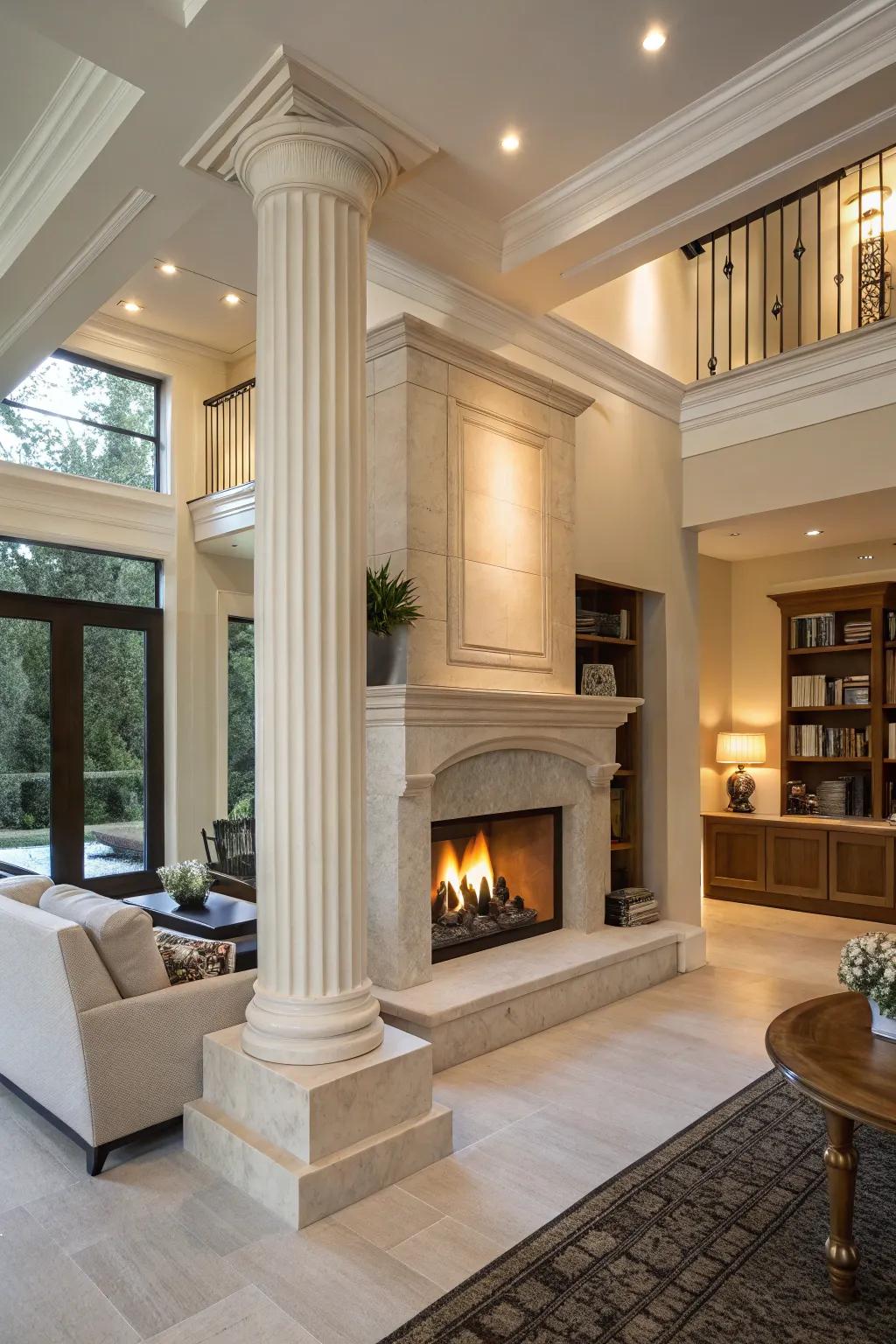 A contemporary lounge featuring a central fireplace combined with architectural pillars.