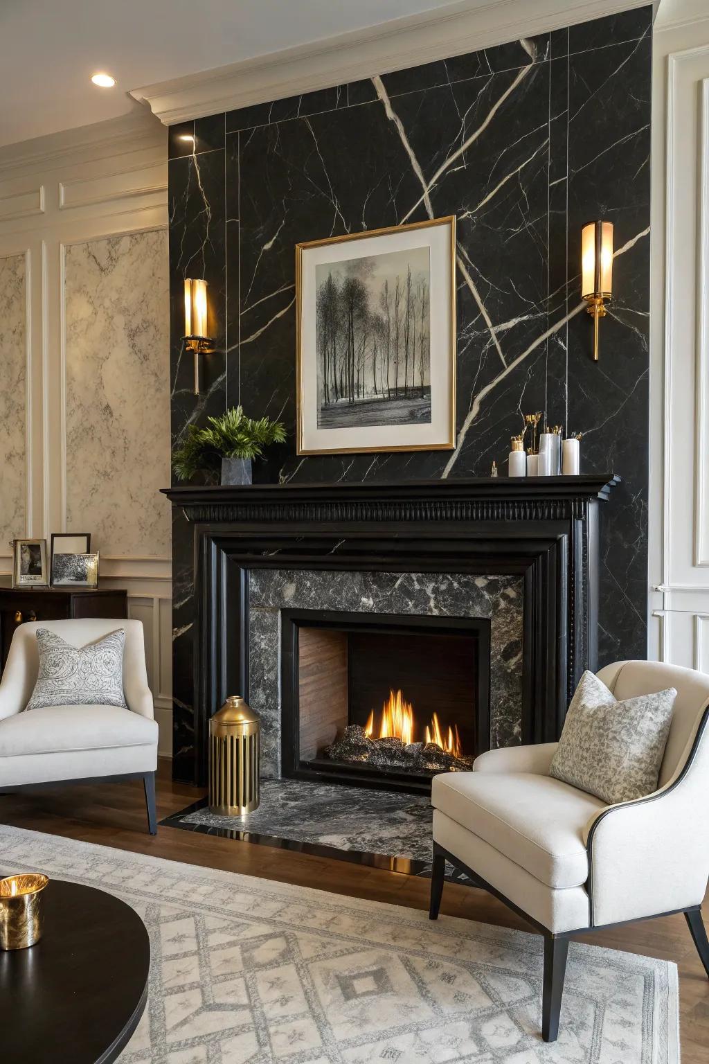 Create spectacle with a daring black marble fireplace background.