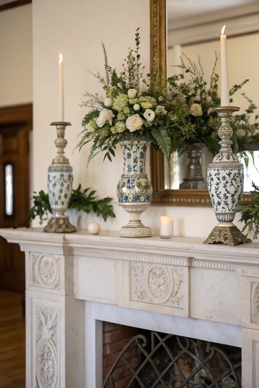 A balanced mantel with symmetry creating a polished appearance.