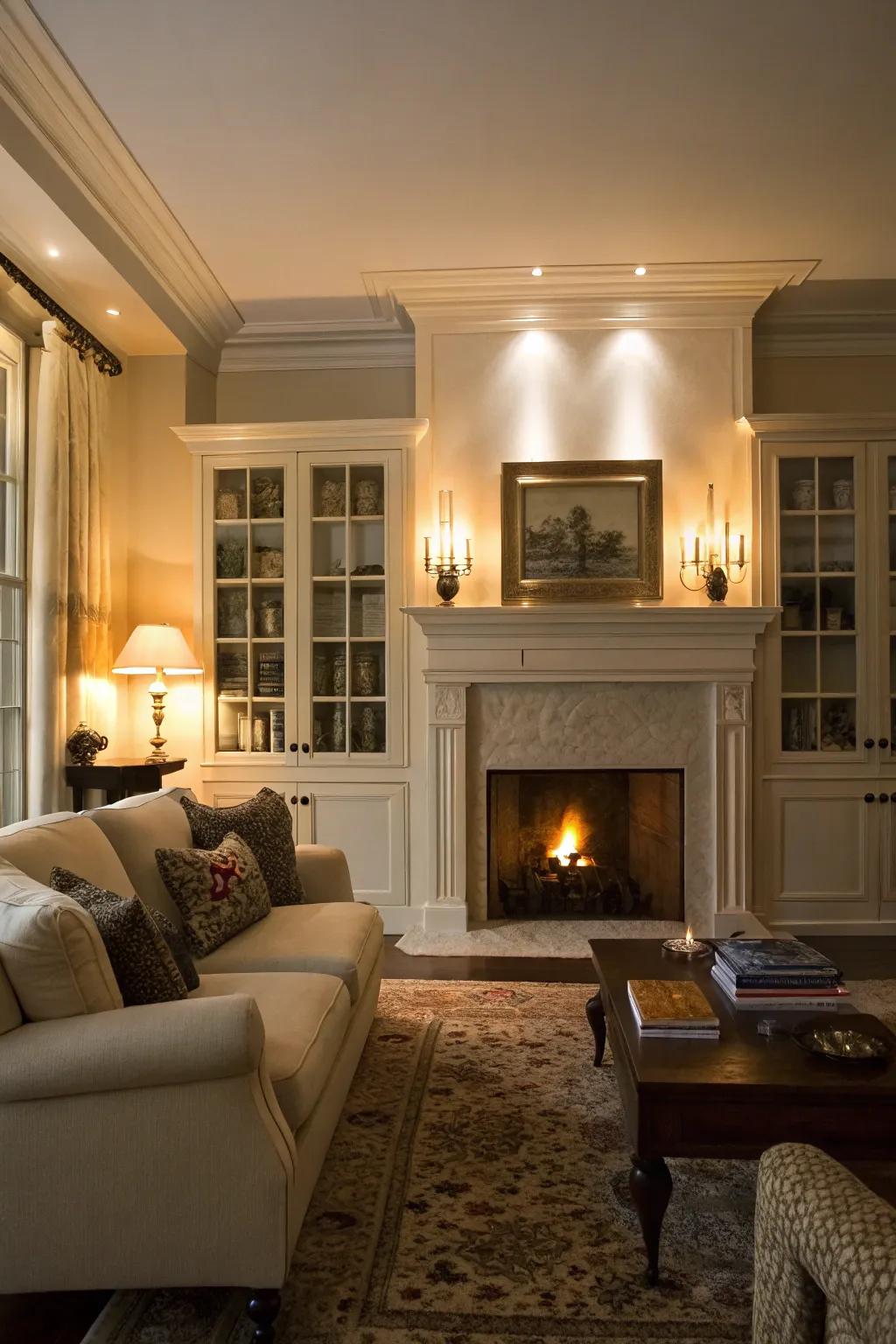 Ambient lighting enhances the display and atmosphere of your fireplace cabinets.