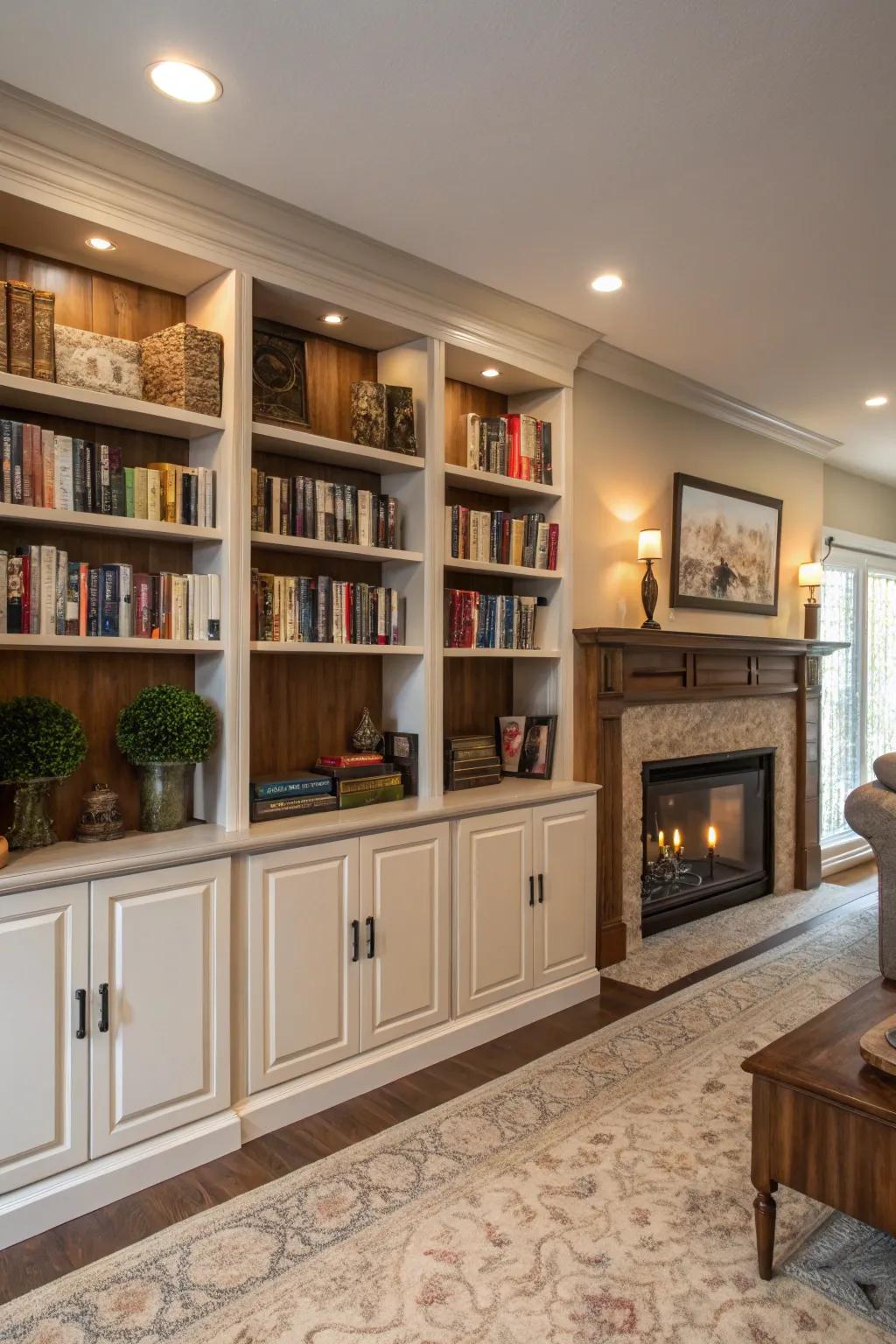 Useful storage with concealed closets integrated into bookshelves.