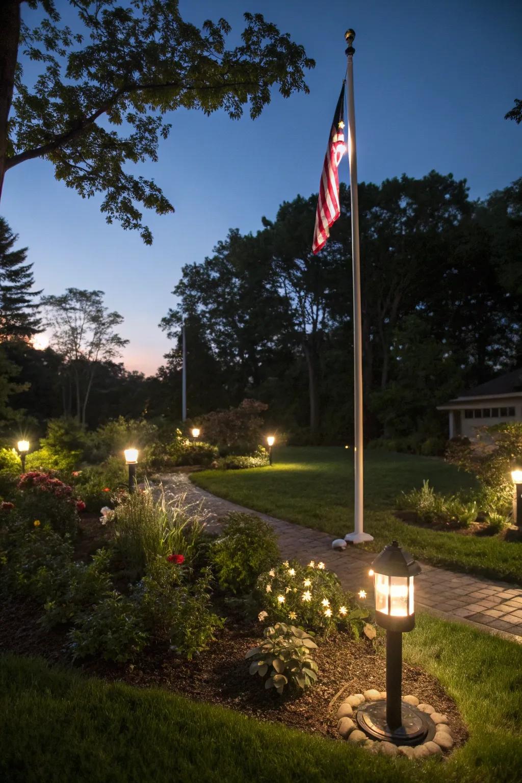 Outdoor illumination elegantly accentuates a freedom pole after dark.