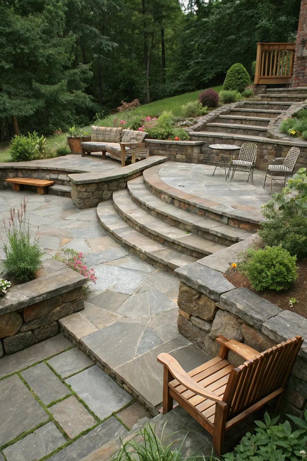 A sophisticated multi-level flagstone patio.