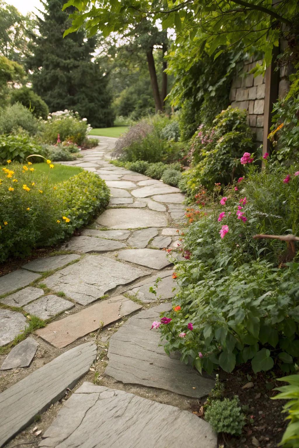 Flora seamlessly integrated into a sandstone pathway, imbuing vibrancy and vitality.