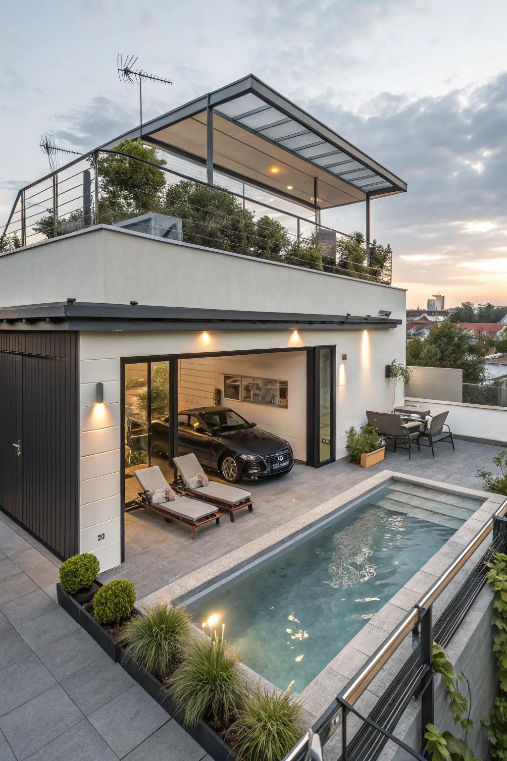 A rooftop water spot on a flat roof garage marks the highest point of luxurious living.