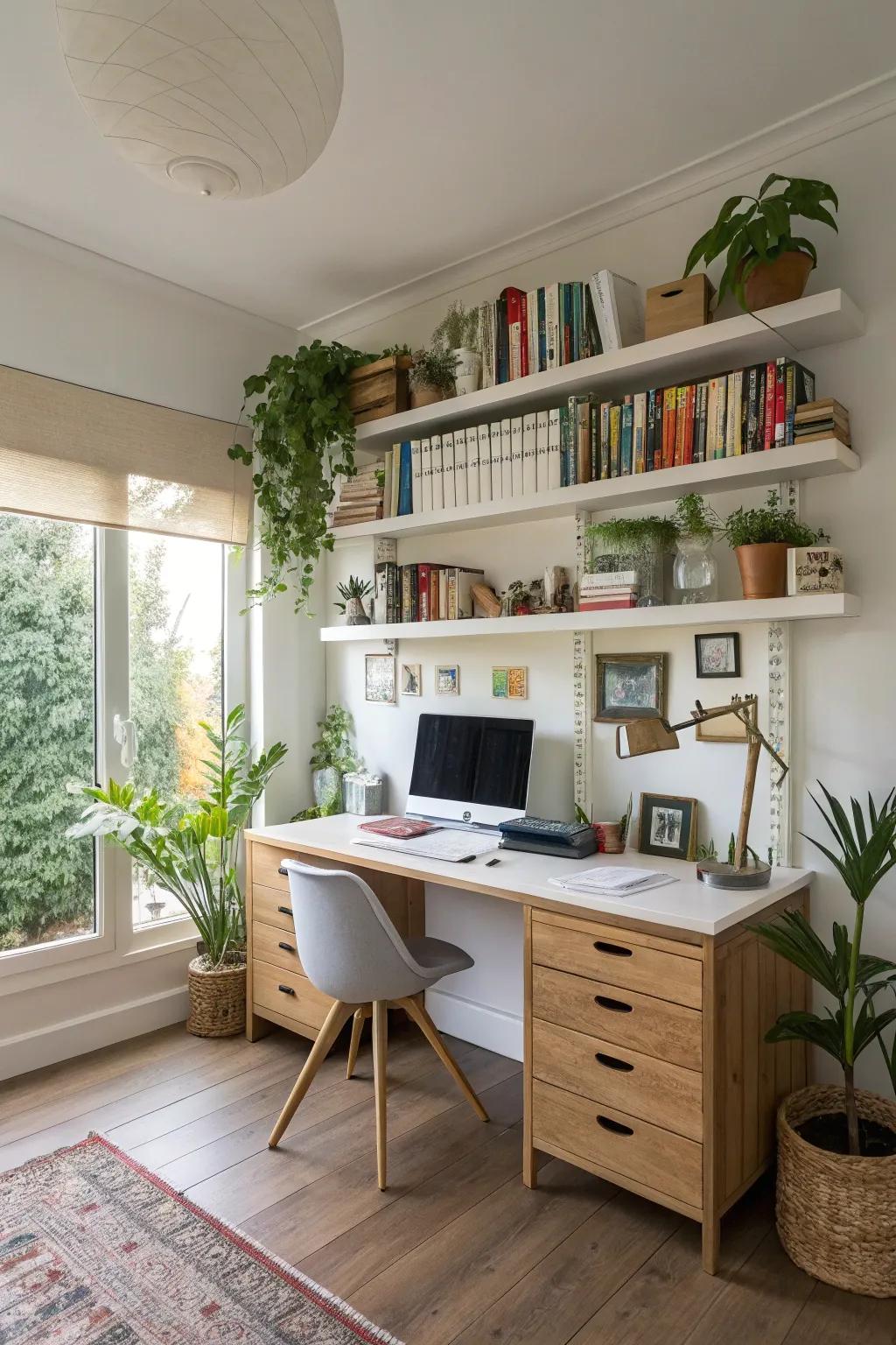 A home office designed for efficiency, with floating shelves for storage.