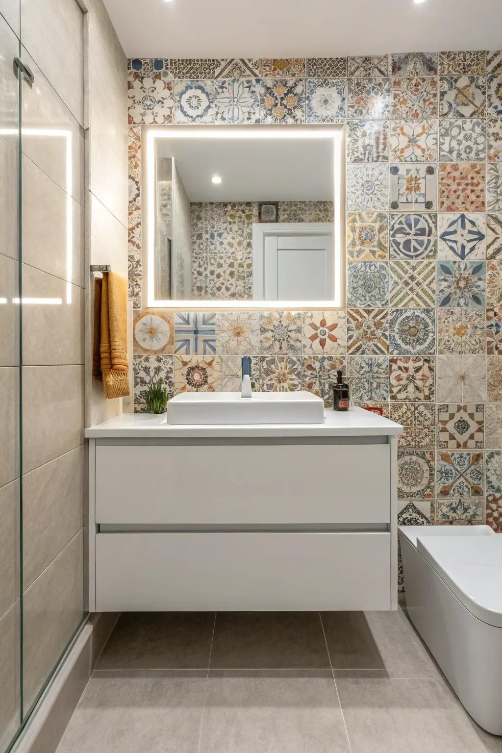 A bathroom featuring a mounted vanity and a textured tile wall introducing vibrant details.