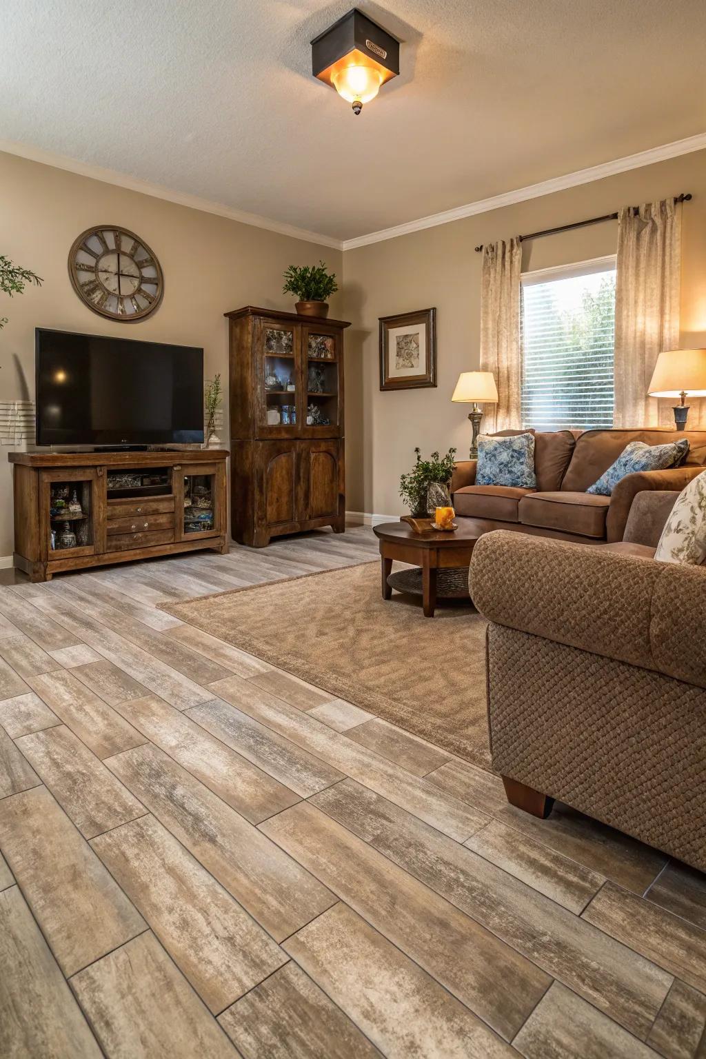 Timber-styled squares deliver comfort and ease of upkeep.