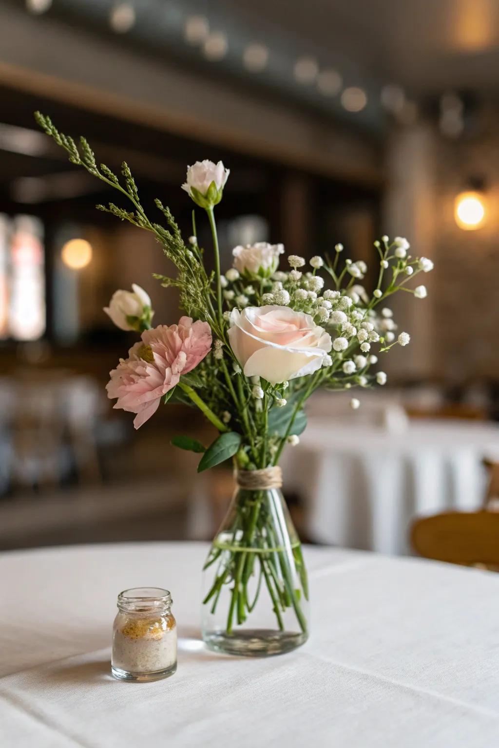 A minimalist floral centerpiece featuring few blossoms on a table.