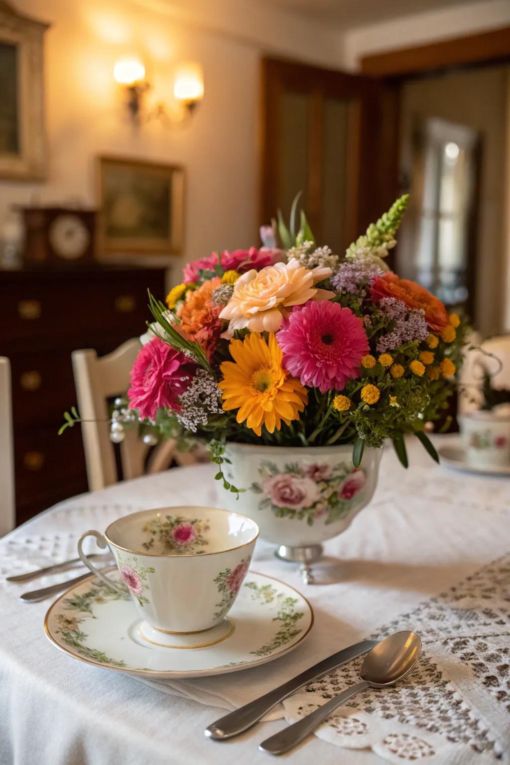 Whimsical floral design in a vintage tea serving, ideal for introducing charm to any gathering.