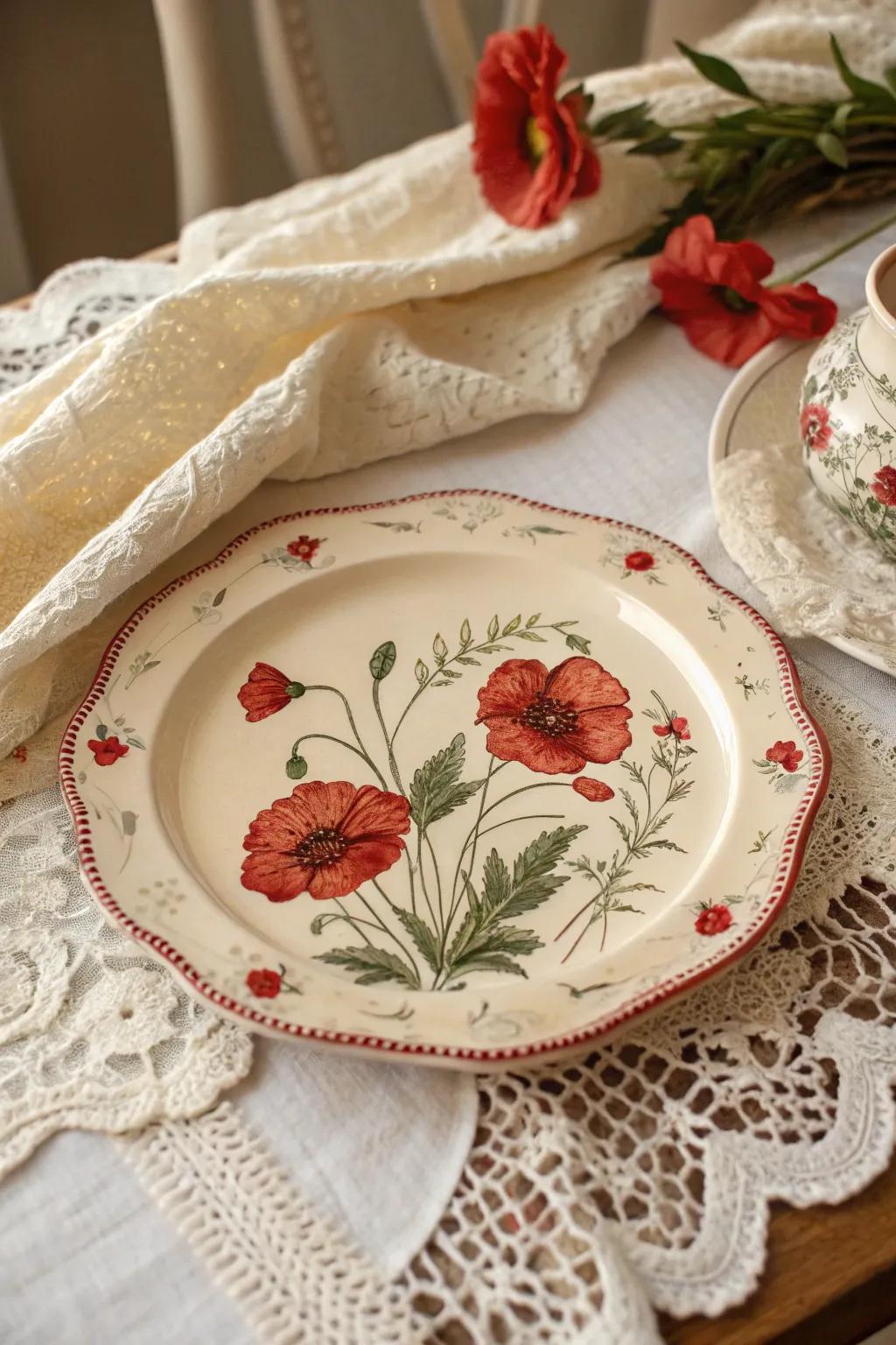 Poppies give vintage charm and vibrant color to your dish patterns.