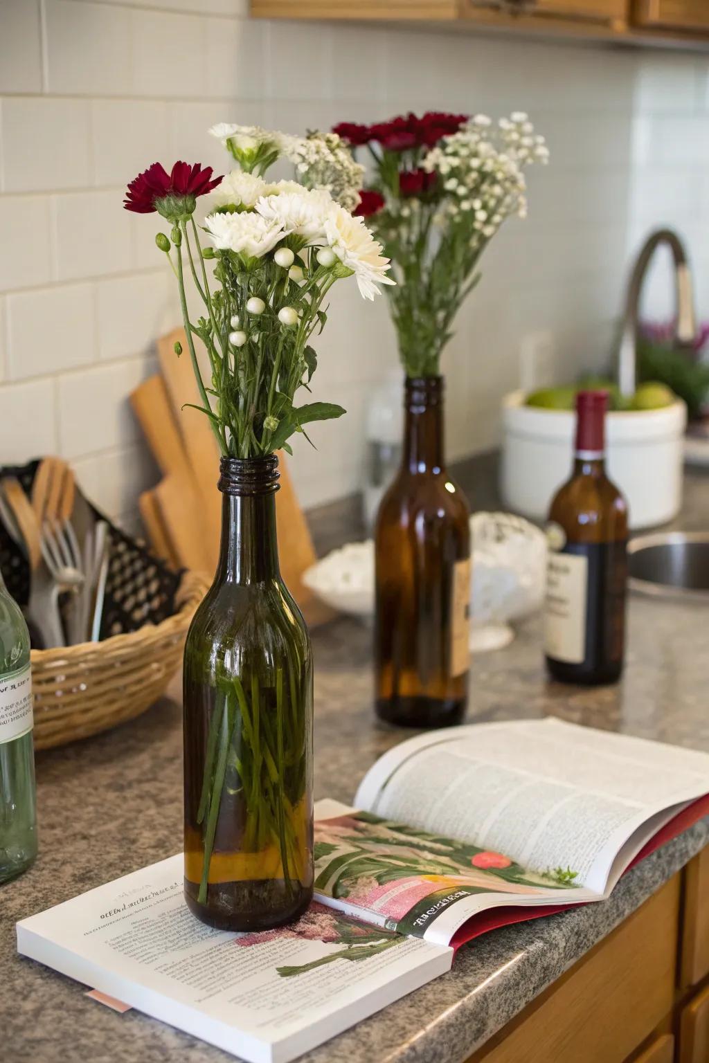 Repurposed wine bottles fashion peculiar vases.