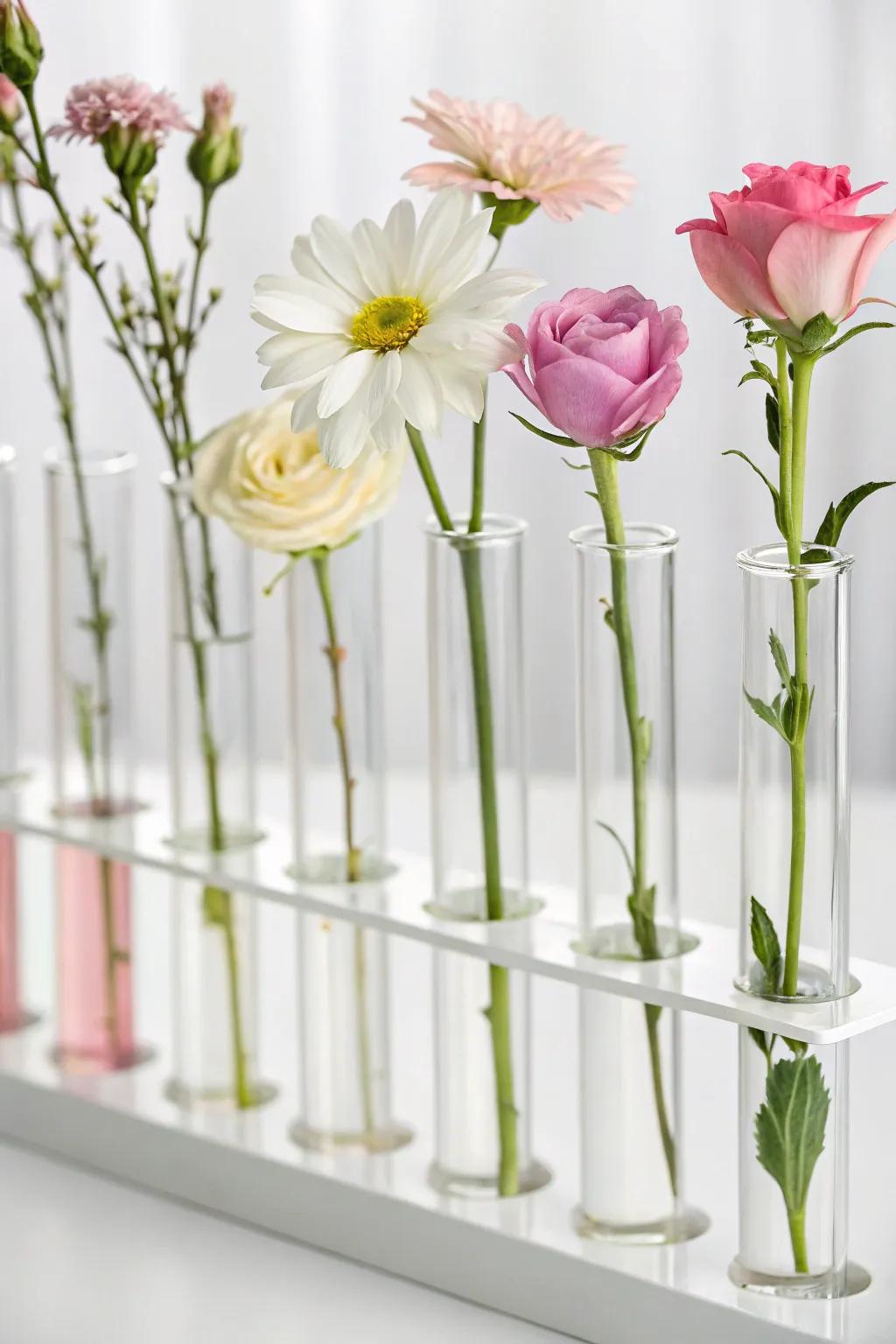 Showcase individual blossoms with minimalist lab tube holders.