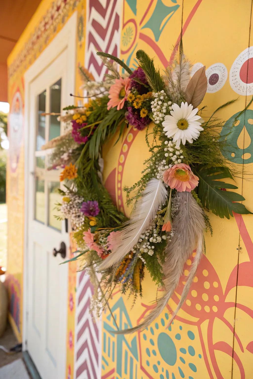 Boho spirit with a feather and meadow flower wreath.