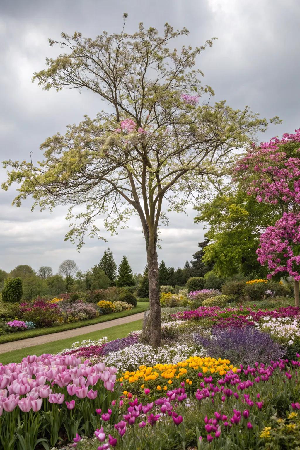 Vibrant contrasting colors make this flower bed around the tree truly stand out.