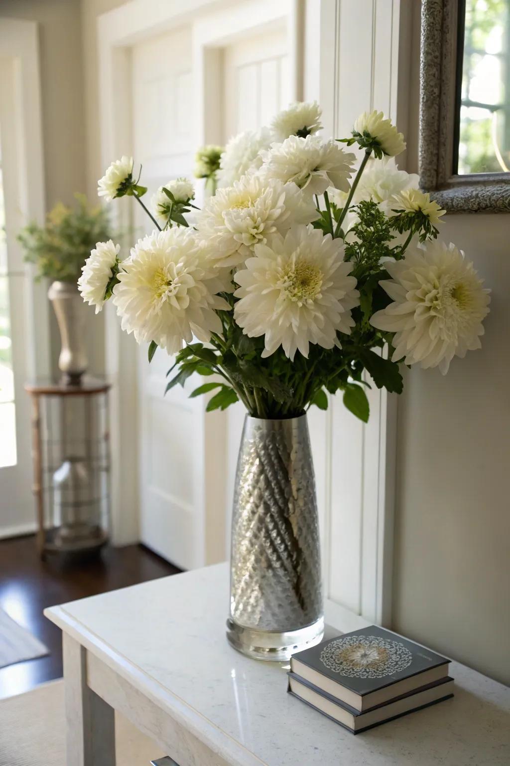 Elegant pale dahlias making a statement in the entryway.