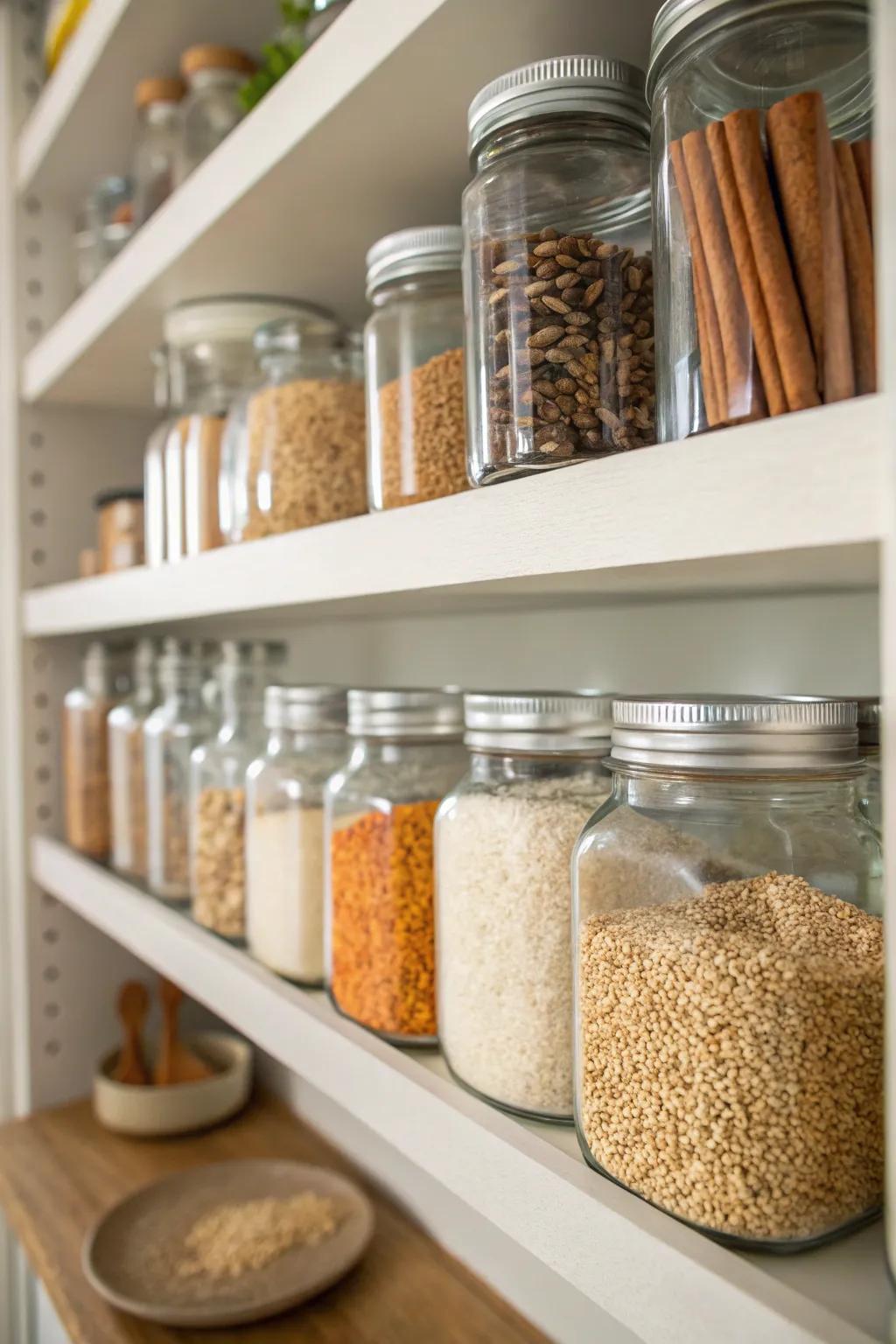 Glass jars give a useful and eye-catching stash look.