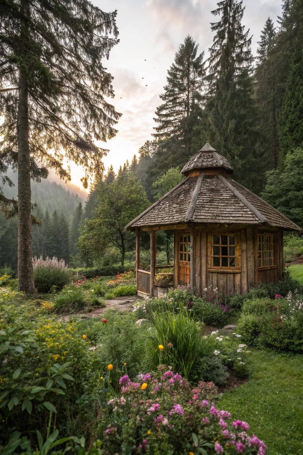 A rustic cabin sanctuary nestled in the heart of the garden.