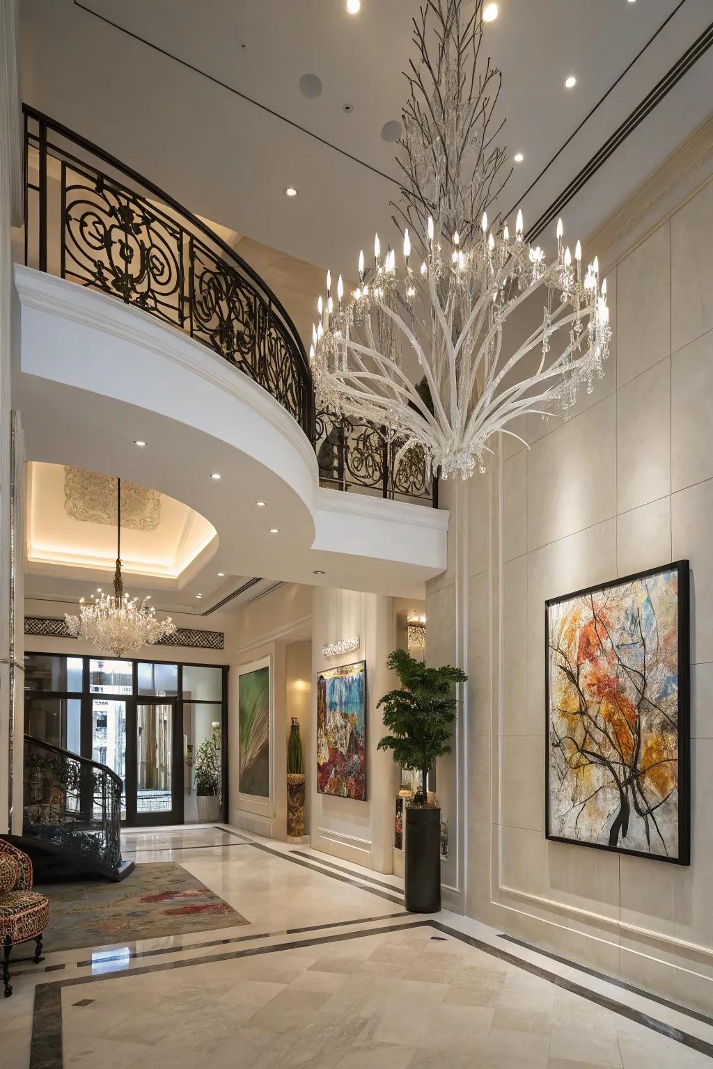 An art-inspired chandelier adds a striking statement to this contemporary foyer.