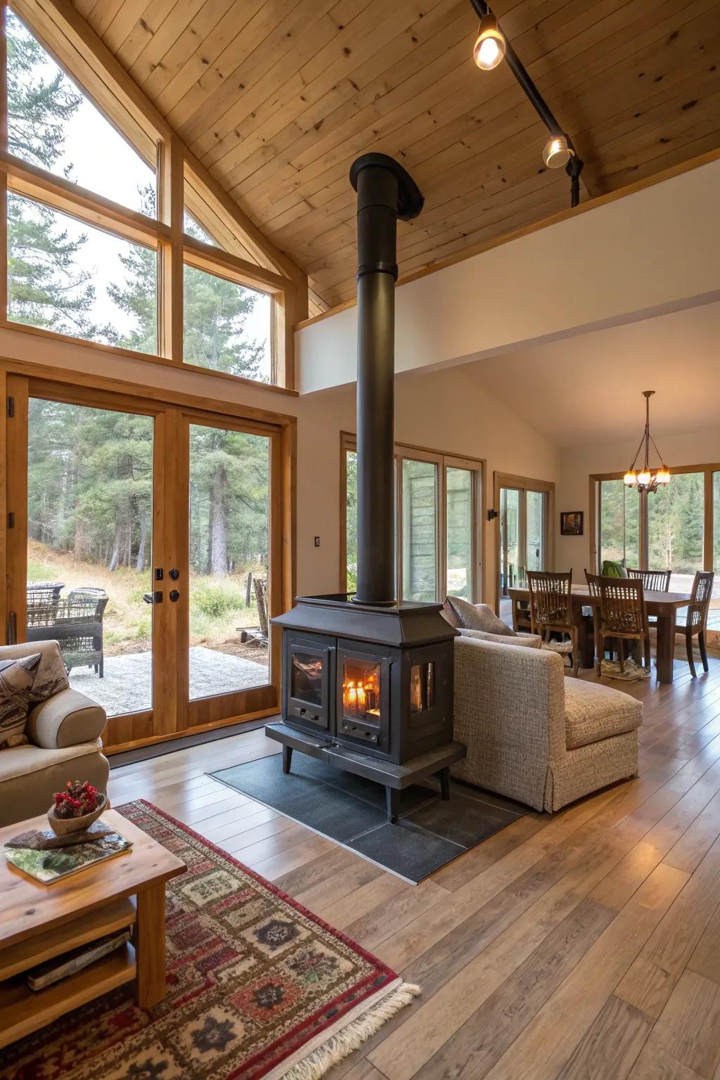 A two-way burner beautifully warms two rooms at the same time.