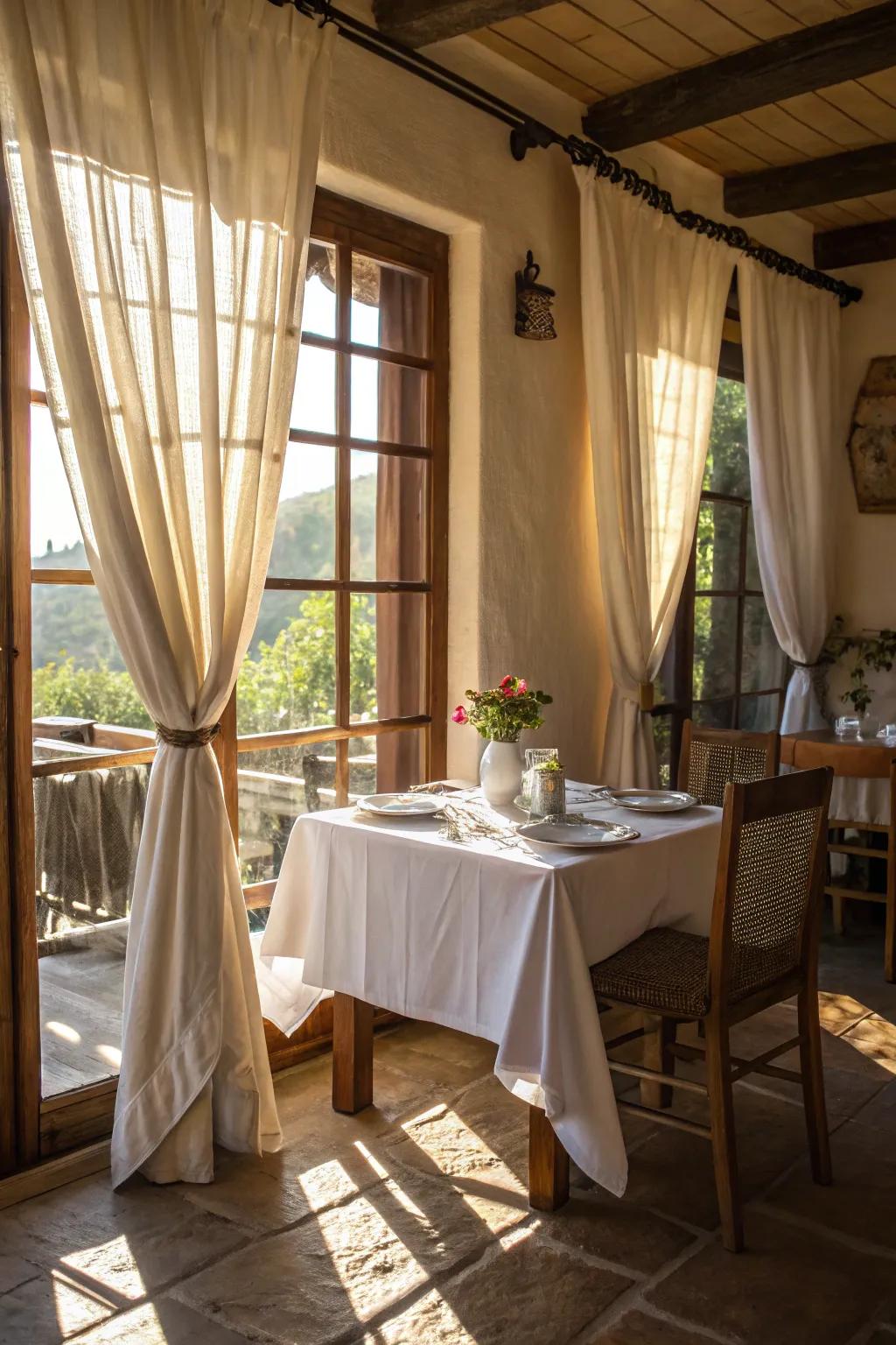 Flax curtains and a cotton tablecloth adding beauty to a dining space.