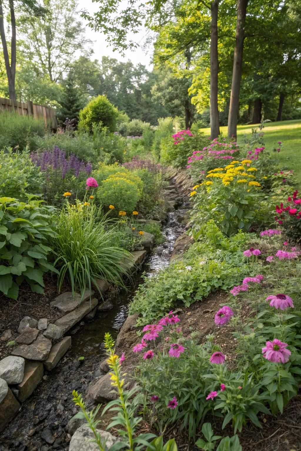 A colorful rain garden with a concealed French drain, enhancing biodiversity.