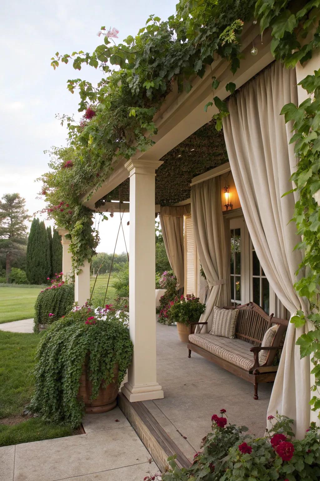 A pergola draped in greenery provides solitude and charm to a front porch.
