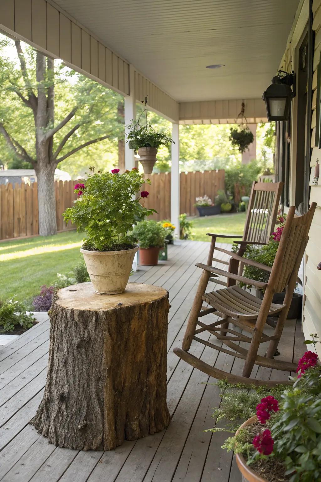 A tree stump table adds a unique, natural element to your veranda.