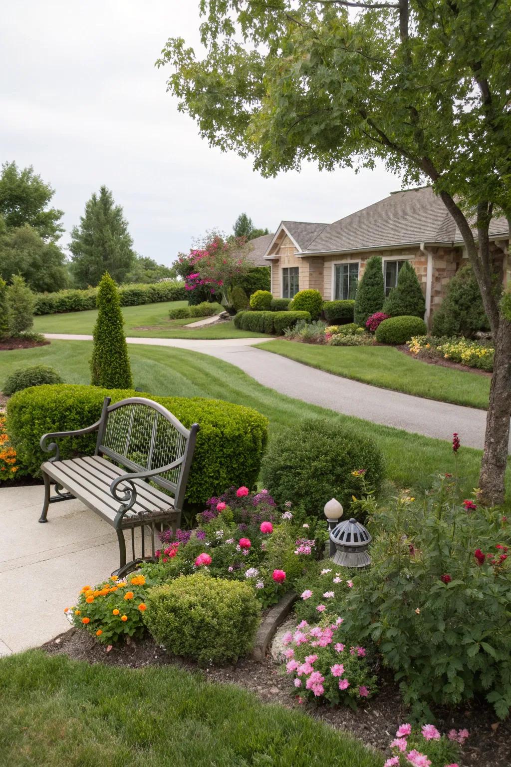 A picturesque seating area nestled in a landscaped corner.