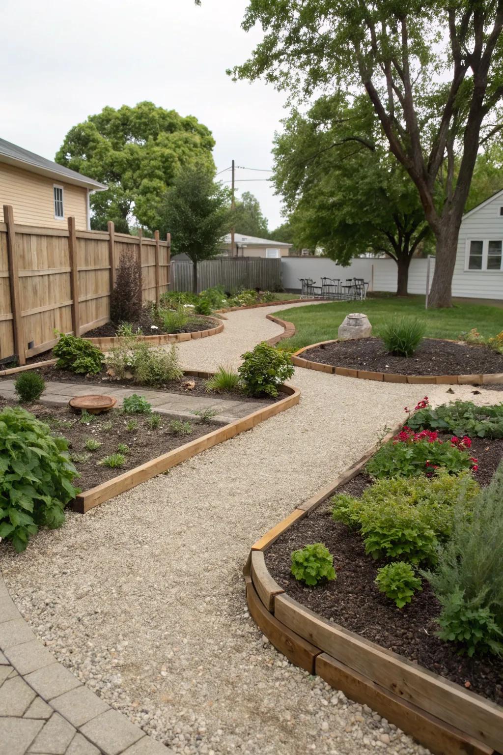 Ground covers define distinct areas in the courtyard.