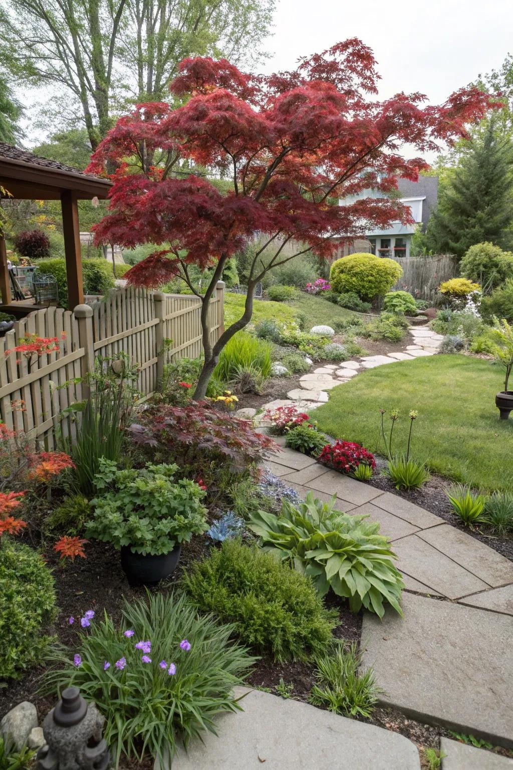 The aesthetic appeal of the Japanese maple is enhanced by tiered planting with ground covers and shrubs.