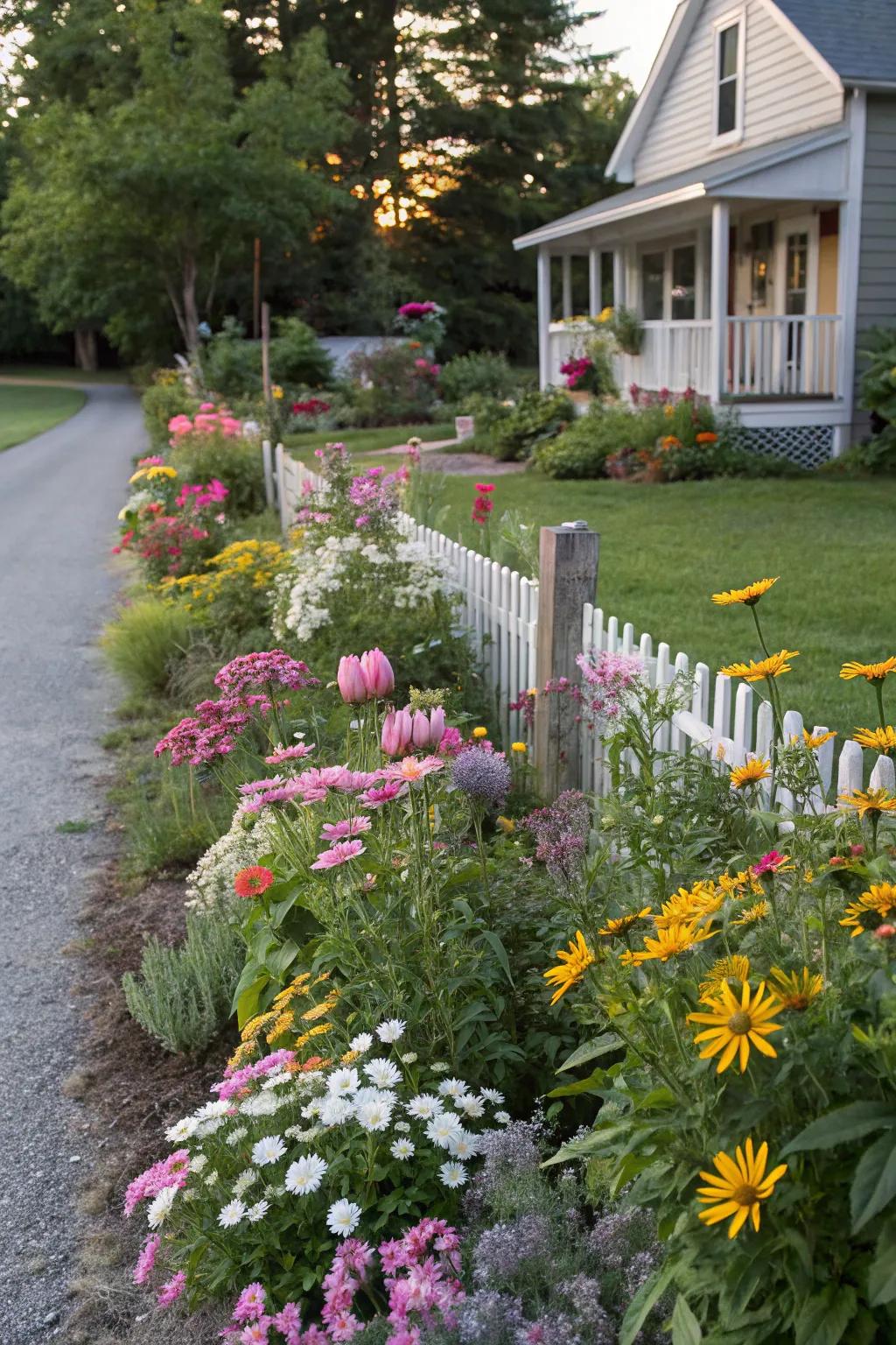 A vivid mix of everlastings and short-lived plants keeps the yard lively all year.