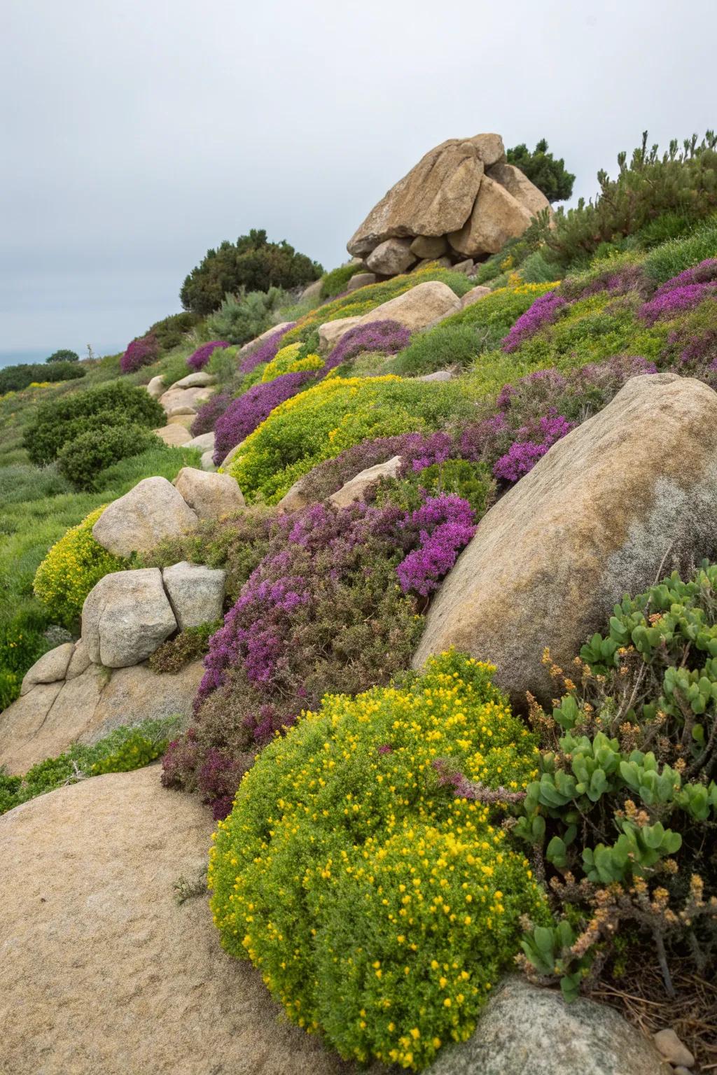 Bright colors intersect with earthy stones for an eye-catching display.