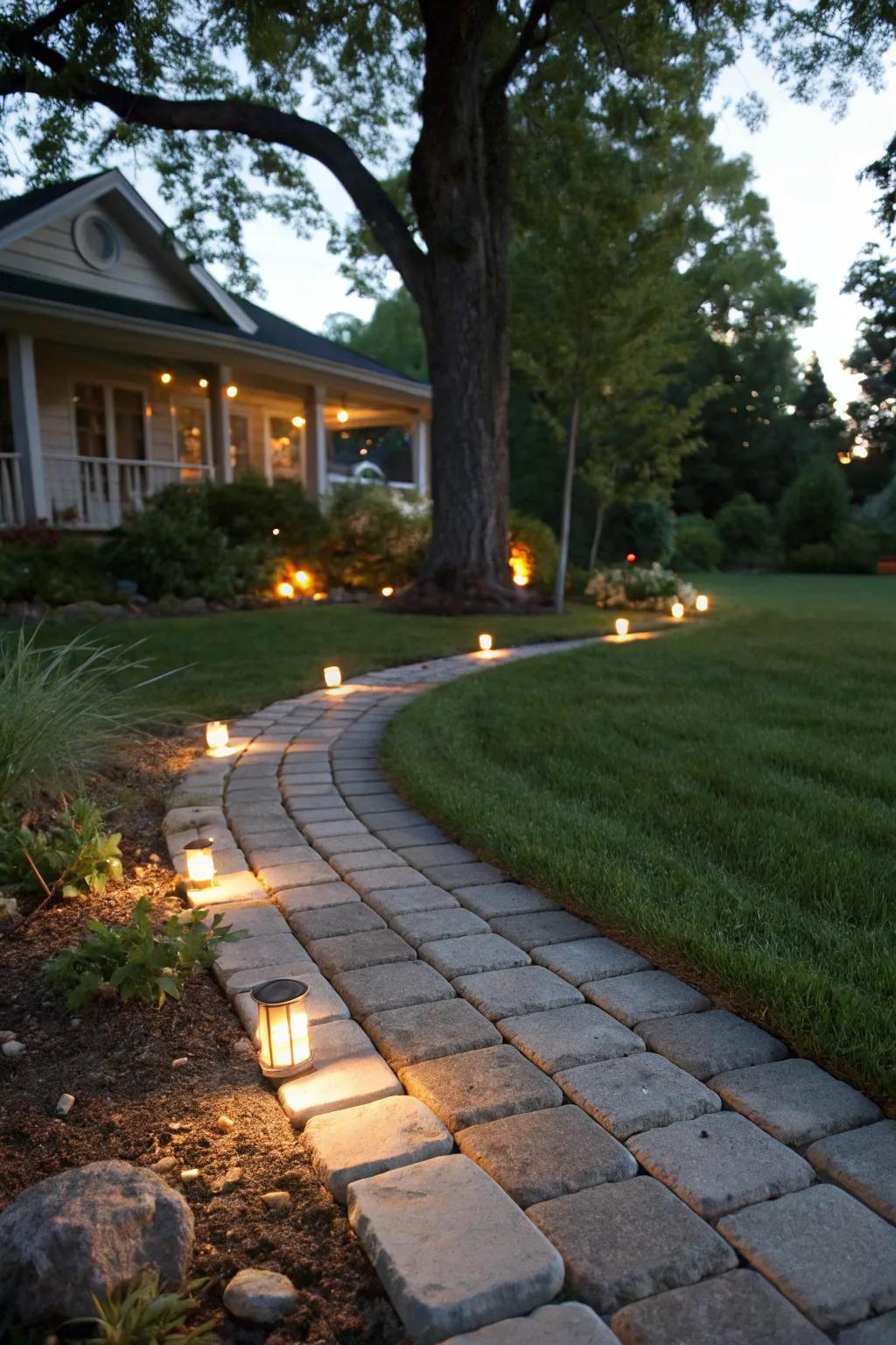 Embedded path lighting casts a warm glow over your yard.