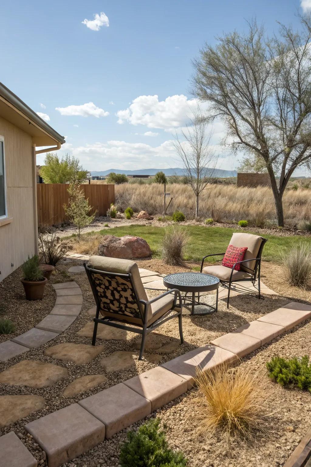 An inviting outdoor seating space in a carefully designed xeriscape.