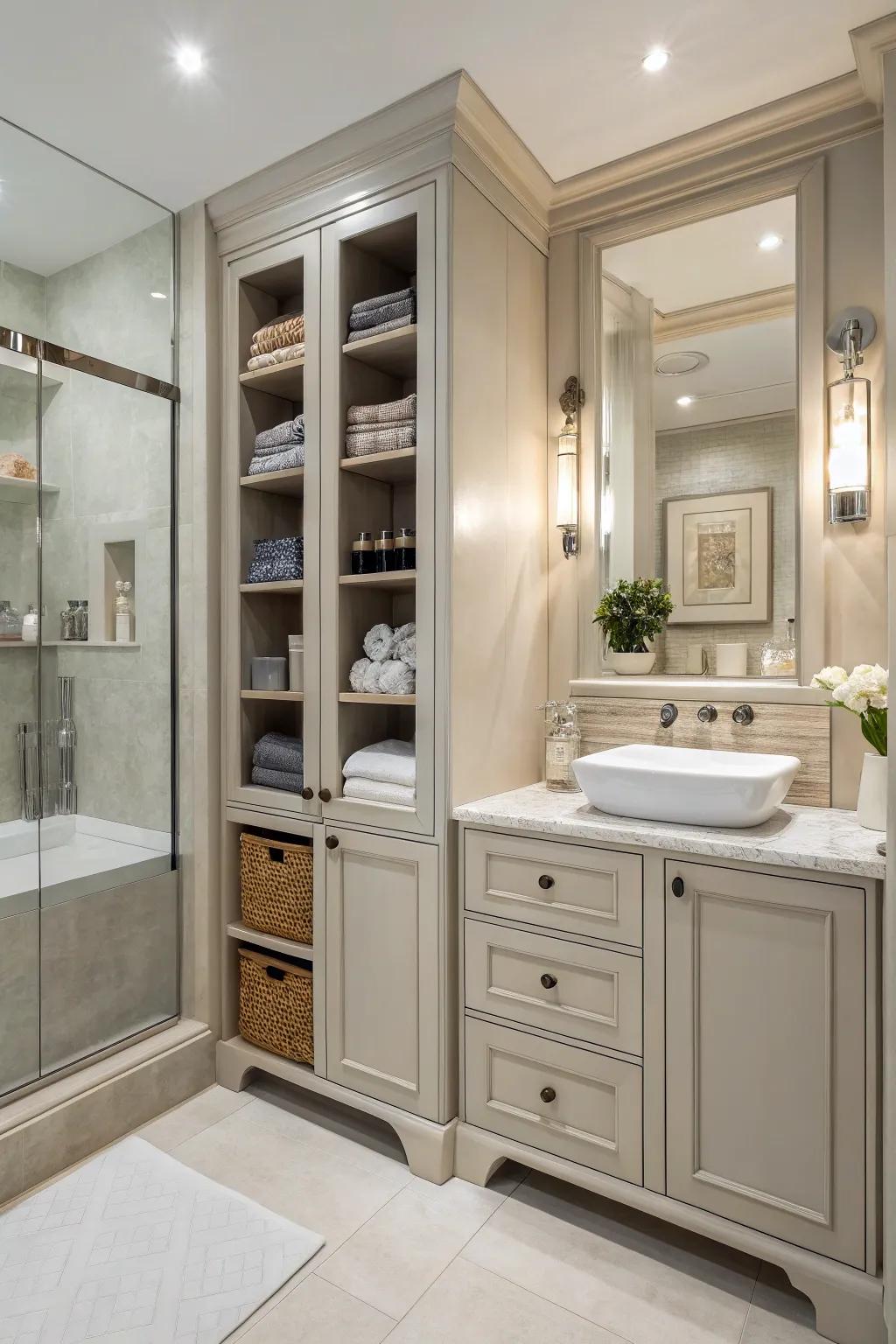 This bathroom features smart storage solutions that enhance organization.