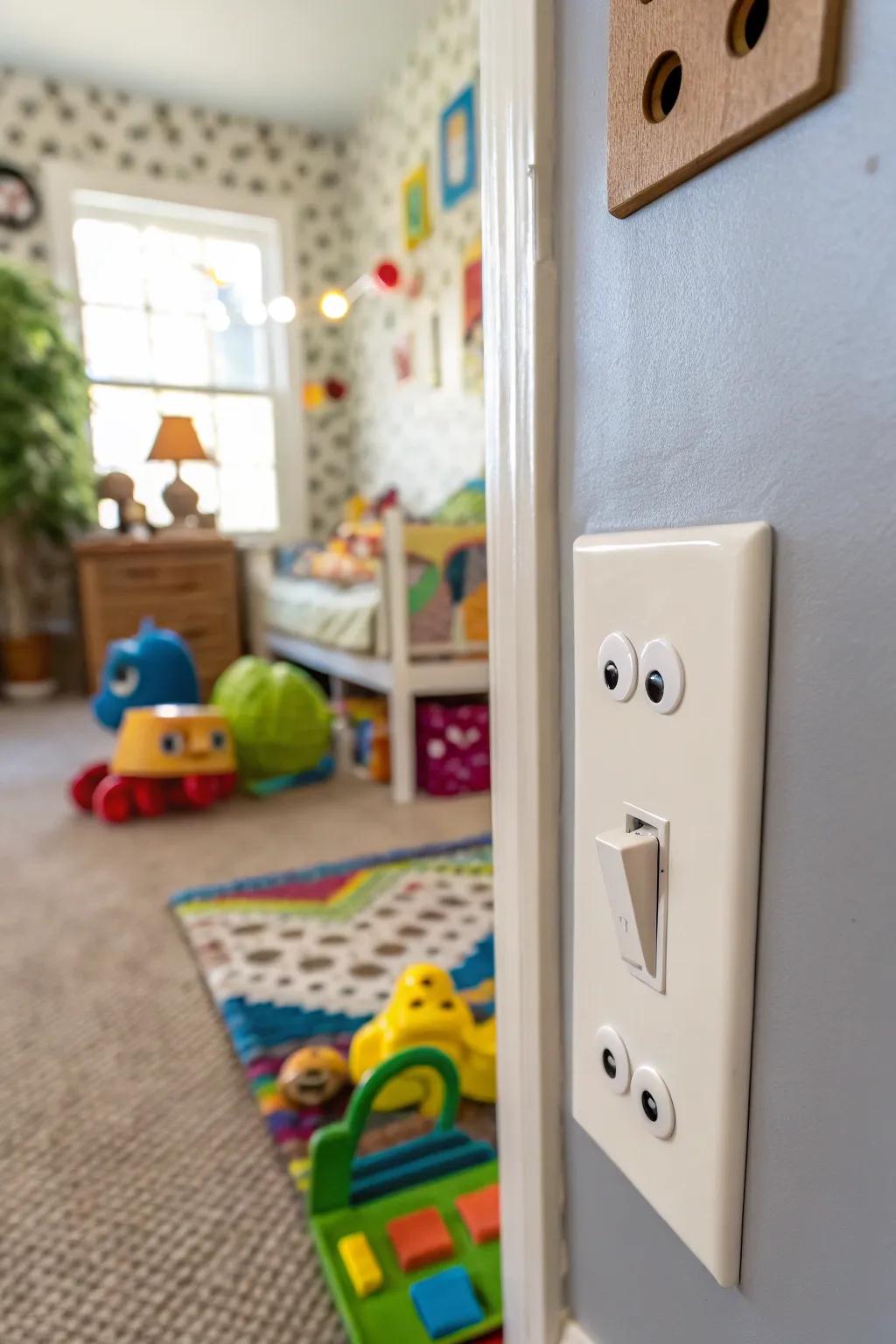 Googly eyes on a switch cover create a cheerful vibe.